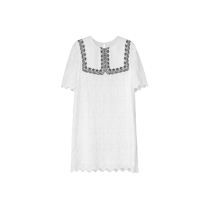 Fstudio Summer Korean Style Lace Cotton Large Lapel Design Short Sleeved Dress Women's-1