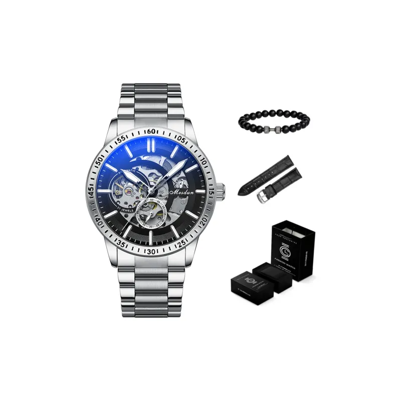 MESDUN Automatic Mechanical Movement Metal Strap Watch Men's Watches Black Dial-3