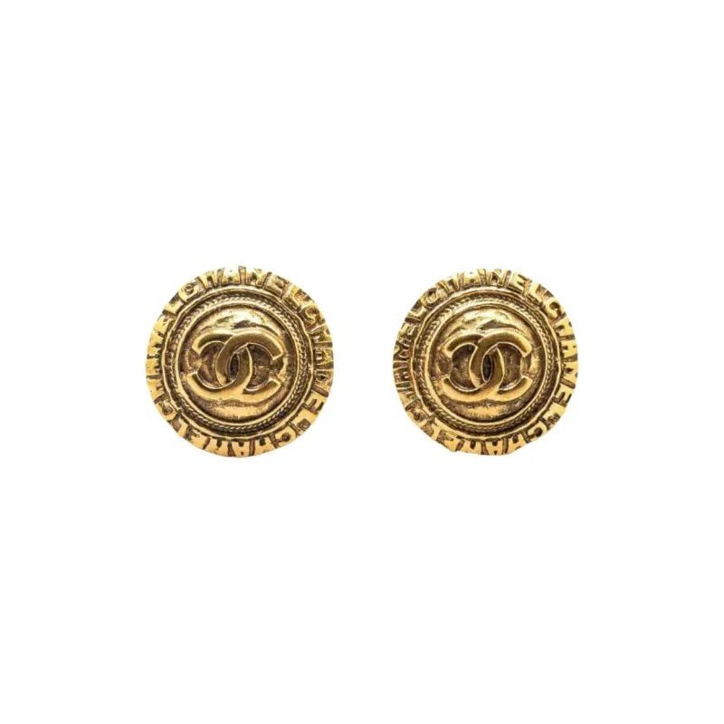 CHANEL 1970 1980 Plated Cc Round Clip On Earrings Costume Earrings-0