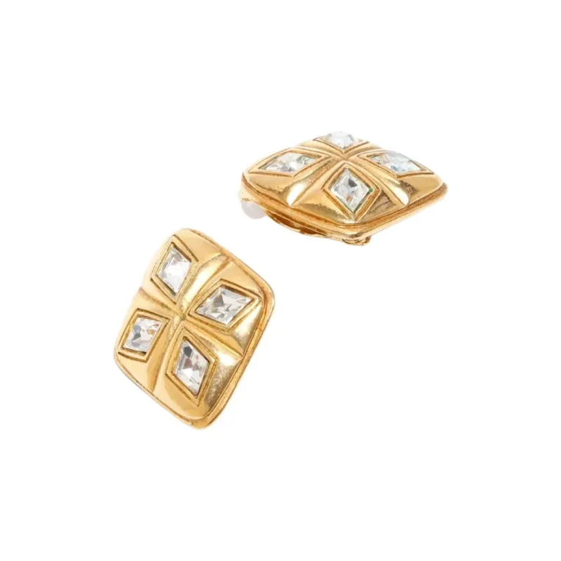 CHANEL 20th Century Gold Plated Diamond Crystal Clip On Earrings Costume Earrings-1