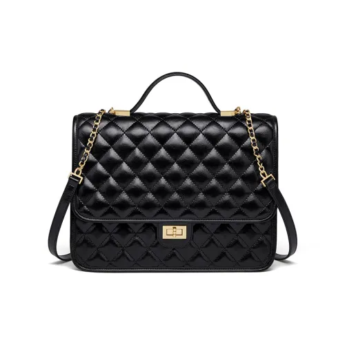 CNOLES Cow Split Leather Double Shoulder One Shoulder Handbag Women's Black