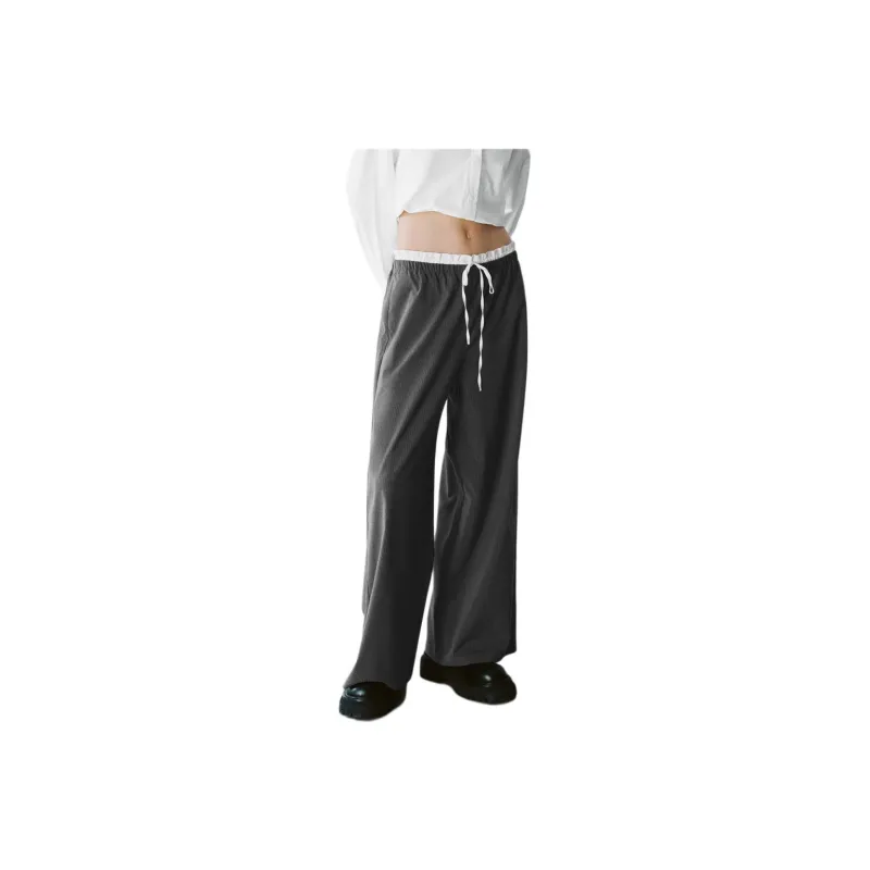 URBAN REVIVO Casual Pants Women's Black Gray Stripes-1