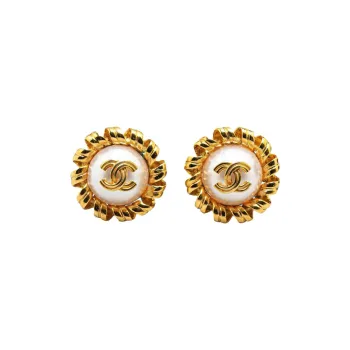 CHANEL Pearl Stud Earrings Unisex Gold