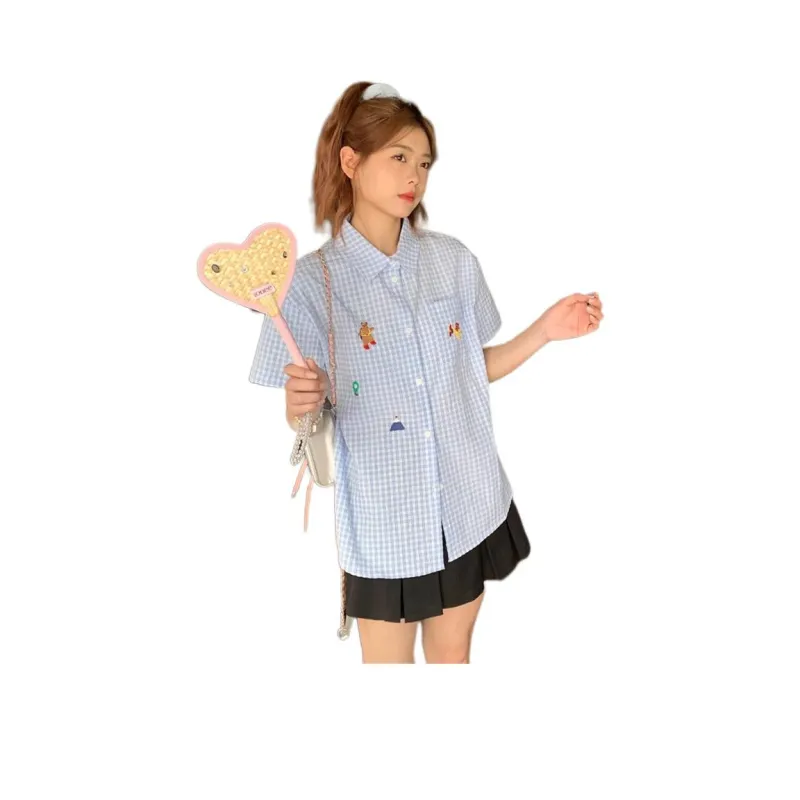 Flowers in water Shirts Women's Blue Plaid-0