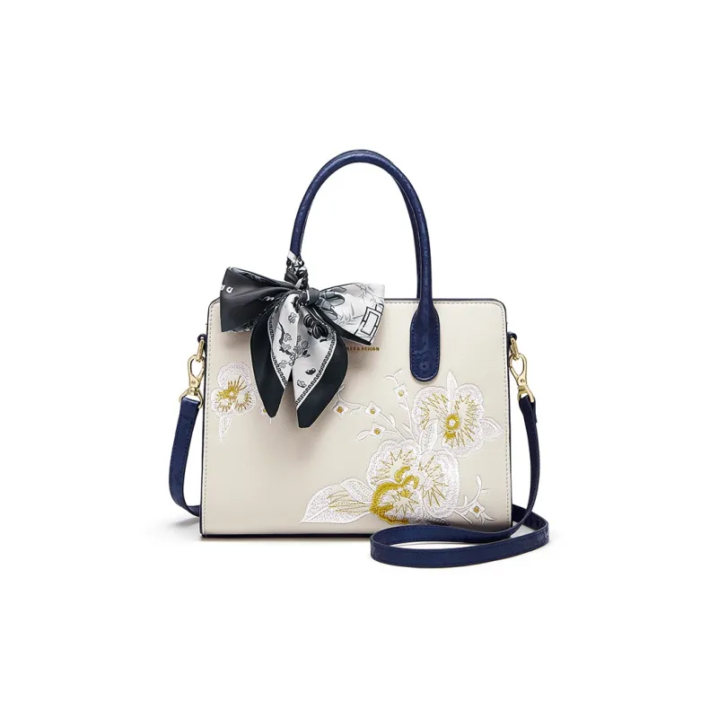 CNOLES Cow Leather One Shoulder Handbag Women's Beige White & Blue-1