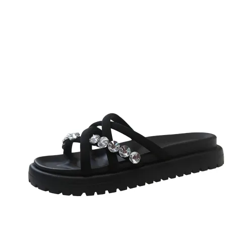 AJPAP Rhinestone Woven Slide Slippers Women's Black