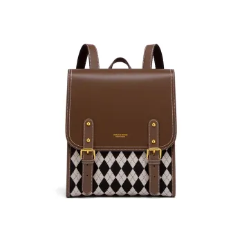 CNOLES Cow Leather Laptop Bag Backpack Women's Mousse Black Plaid