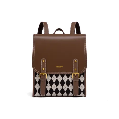CNOLES Cow Leather Laptop Bag Backpack Women's Mousse Black Plaid