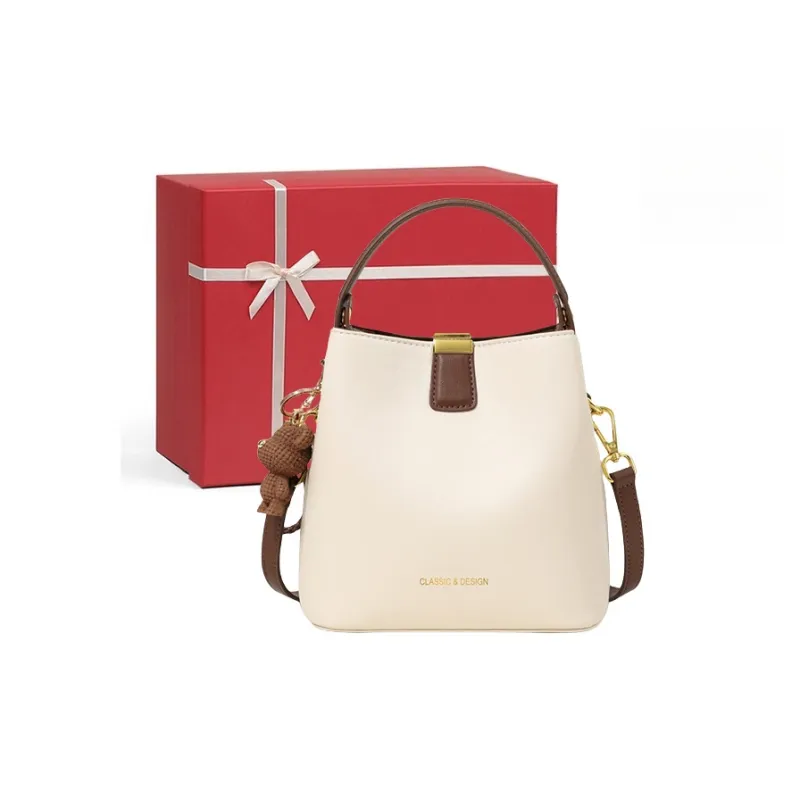 CNNCOO Cow Leather Bucket Bag, Crossbody Handbag Women's Milkshake White/Caramel Brown-0