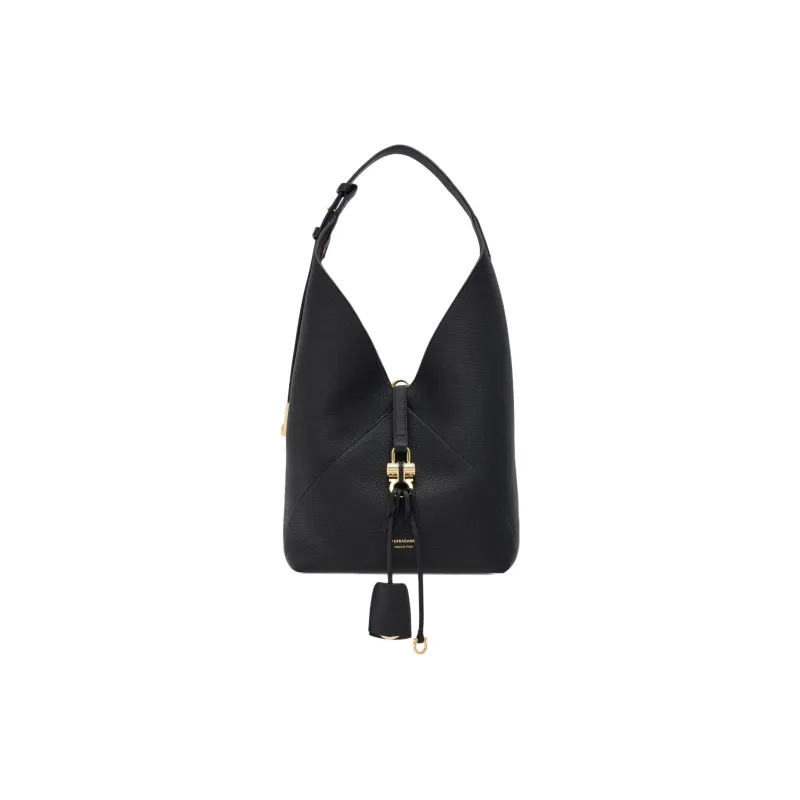 FERRAGAMO Hammered Texture Calfskin Hobo Bag Shoulder Bag Trumpets Women's Black-0