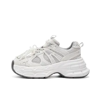 EXULL Q Slip Resistant, Breathable, Lightweight, Height Increasing Low Top Chunky Sneakers Women's White Gray
