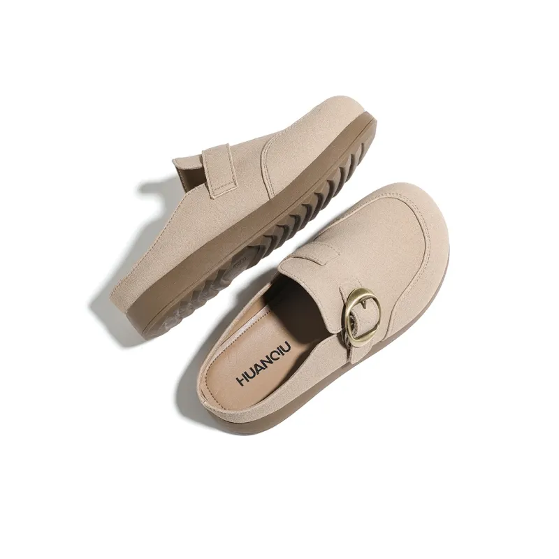 HUANQIU Leather Patchwork Abrasion Resistant Slip Resistant Closed Toe Slippers Women's Beige-3