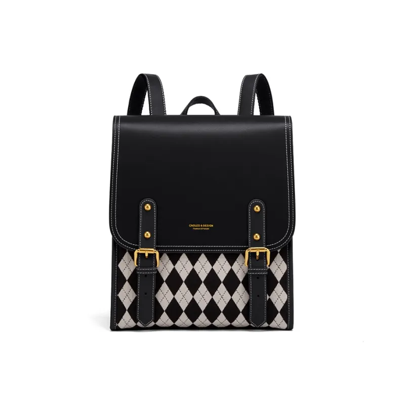 CNOLES Cow Leather Backpack Women's Mousse Brown Plaid/Mousse Black Plaid-7