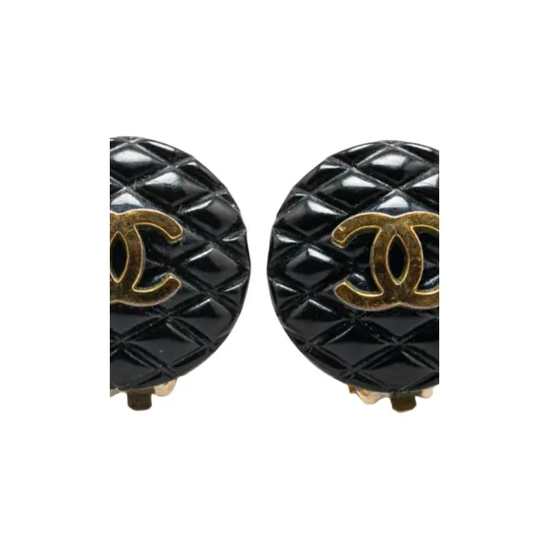 CHANEL Gold Plated Stud Earrings Women's Black-2