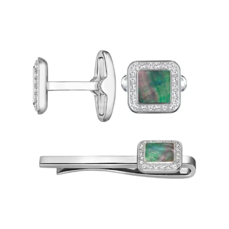 Swarovski Stainless Steel, Swarovski Crystal, Mother Of Pearl Cufflinks Men's Silver-1