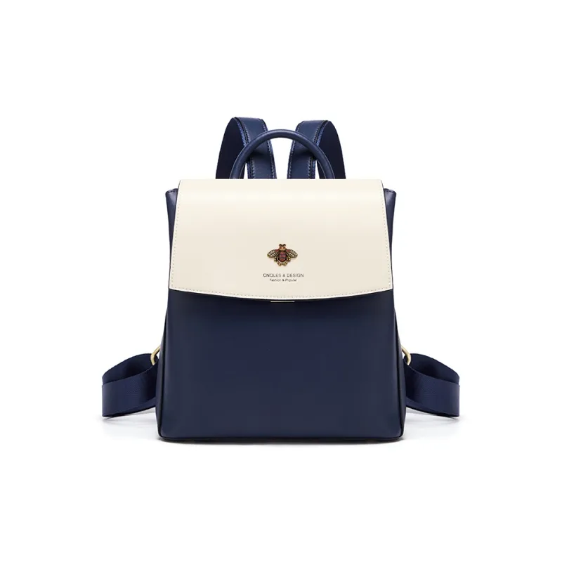 CNOLES Cow Leather Travel Backpack Women's Beige White & Blue-0