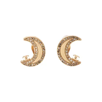 CHANEL Rhinestone, Gold Plated Clip On Earrings Unisex Gold