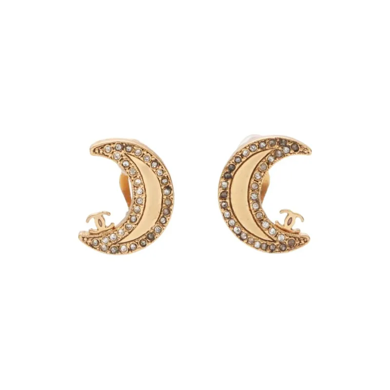 CHANEL Rhinestone, Gold Plated Clip On Earrings Unisex Gold-0