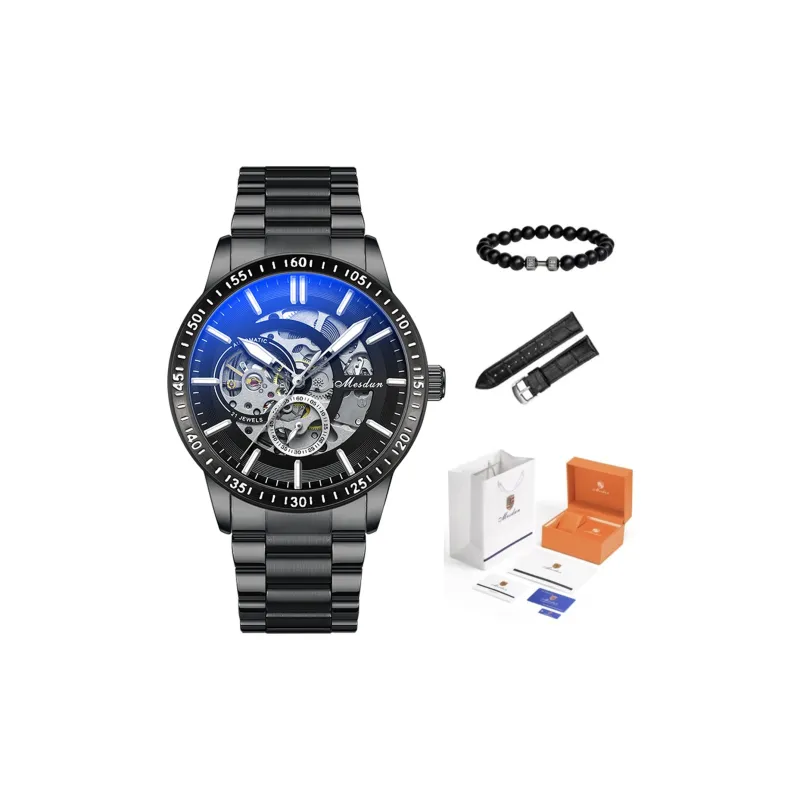 MESDUN Automatic Mechanical Movement Metal Strap Watch Men's Watches Black Dial-9