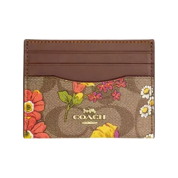 COACH Card Case Iconic Canvas ID Card Holder Mini Women's Gold & Khaki Multicolor