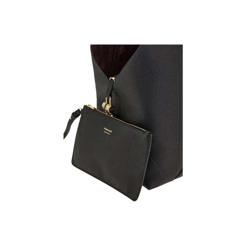 FERRAGAMO Hammered Texture Calfskin Hobo Bag Shoulder Bag Trumpets Women's Black-5
