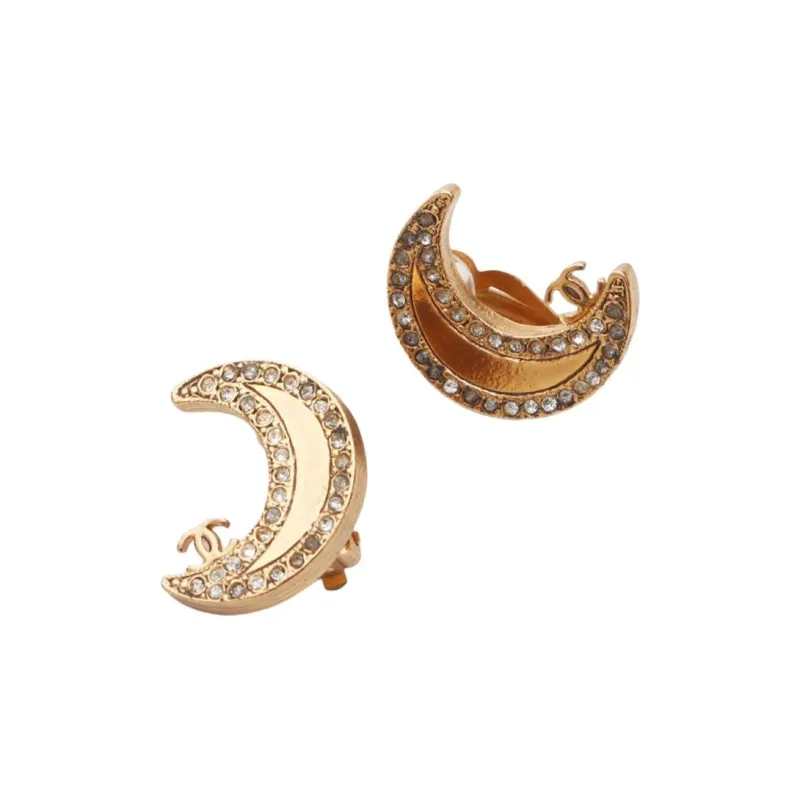 CHANEL Rhinestone, Gold Plated Clip On Earrings Unisex Gold-1