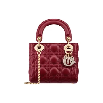 DIOR Lady Dior Lambskin Handbag Mini Women's Cherry Red