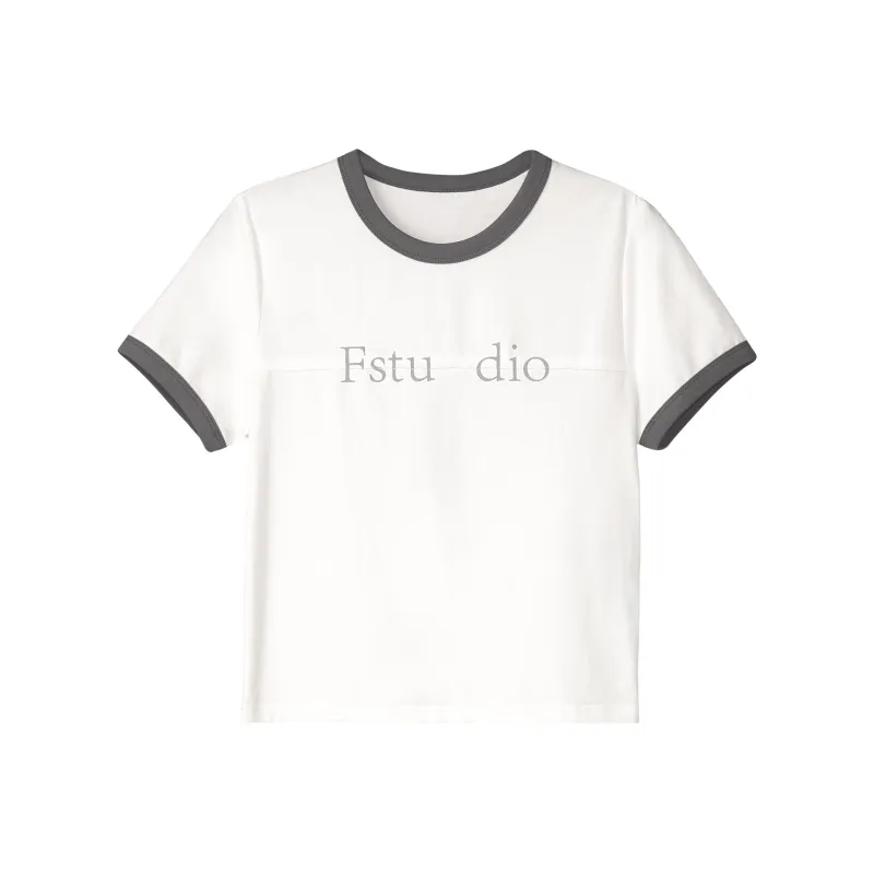 Fstudio Short Sleeved Summer Korean Style Crew Neck Print Color Block Letter T Shirt Women's-1
