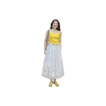 Wbwq Casual Long Skirts Women's White Base Multicolor Dots