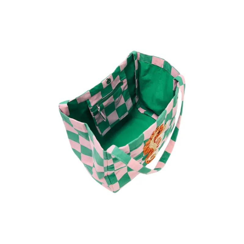 ZARA Cotton Tote Bag, Shopping Bag, Handbag, Shoulder Bag Women's Pink & Green-4