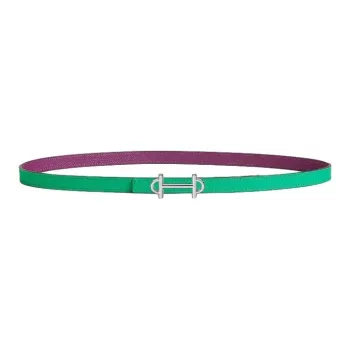 HERMES Palladium Plated Calfskin Leather Belts Women's Green 1.3CM