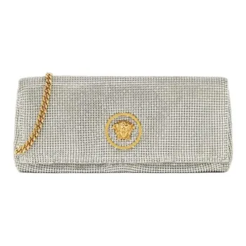 VERSACE La Medusa Lambskin With Viscose Crossbody One Shoulder Clutch Women's Silver