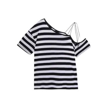 DOKZB T Shirts Women's Black White Stripes