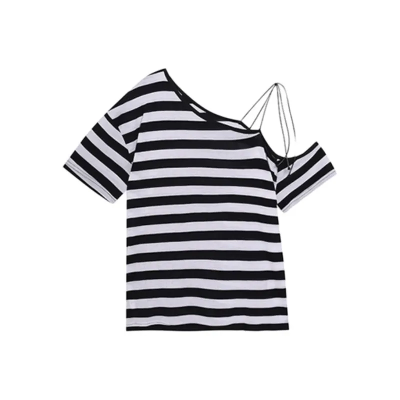 DOKZB T Shirts Women's Black White Stripes-0
