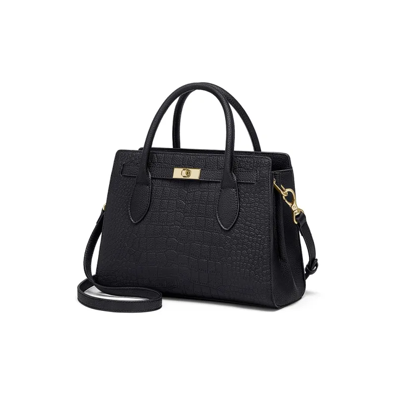 CNOLES Cow Split Leather Kelly Bag, Crossbody Bag, One Shoulder Handbag Medium Size Women's Black-1