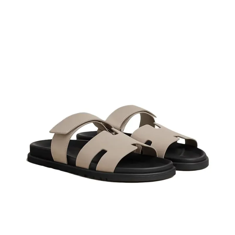 HERMES Paris Rubber Sole Slip Resistant Slide Slippers Men's Beige-2
