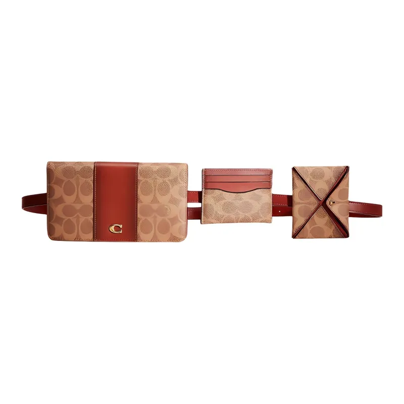 COACH Coated Canvas With Calfskin 3 in 1 Wallet Fanny Pack Trumpets Women's Tan & Rusty-0