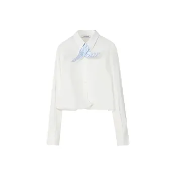 NancyCavally Shirts Women's White Shirt With Blue Stripes+Bow Tie One Size