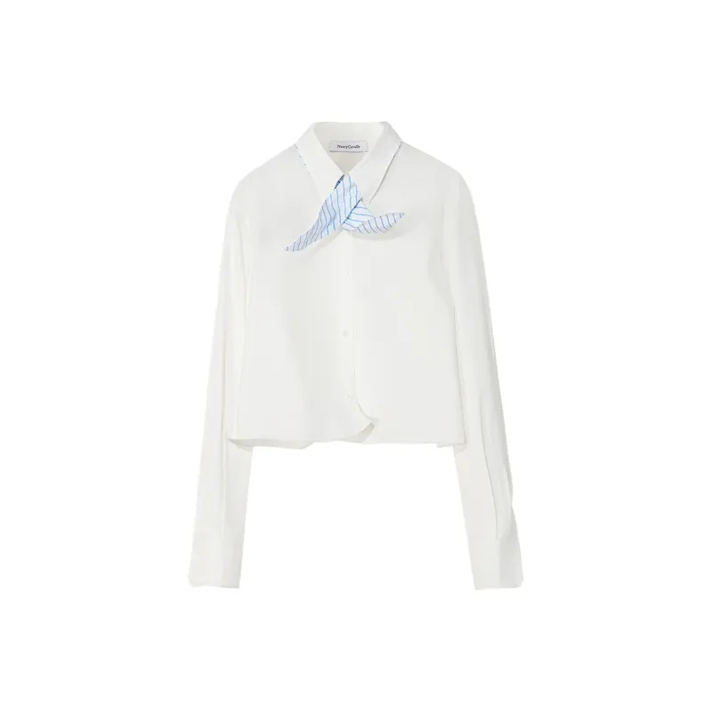 NancyCavally Shirts Women's White Shirt With Blue Stripes+Bow Tie One Size-0