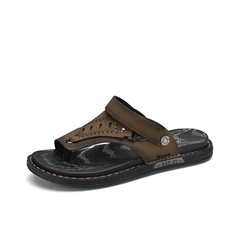 Wen Nai Rubber Sole Flip Flops Men's Brown-1