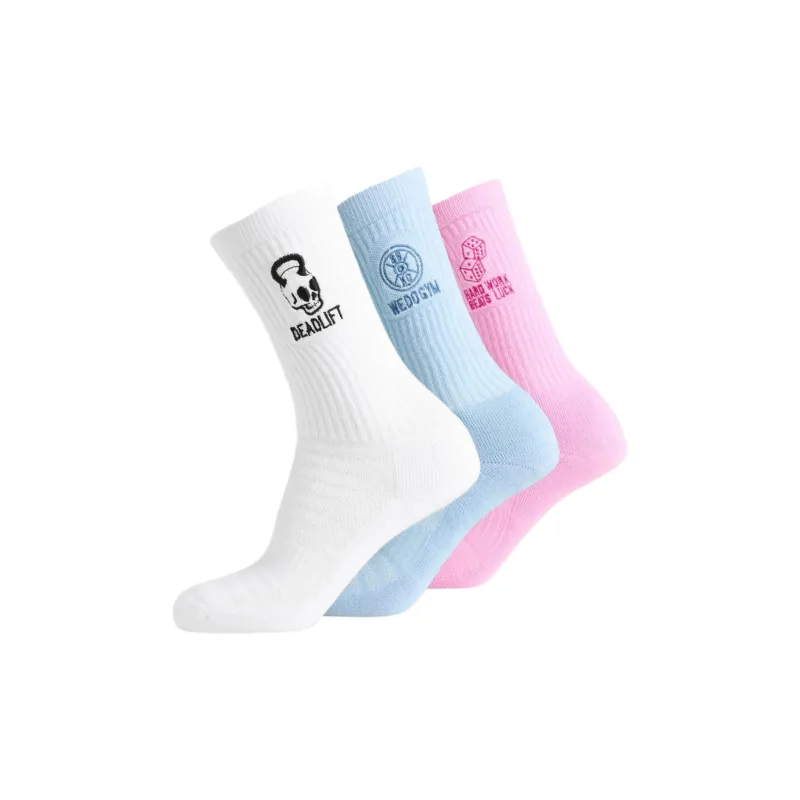 GYMSHARK Mid Calf Socks Unisex 3 Pack White Blue Pink-2