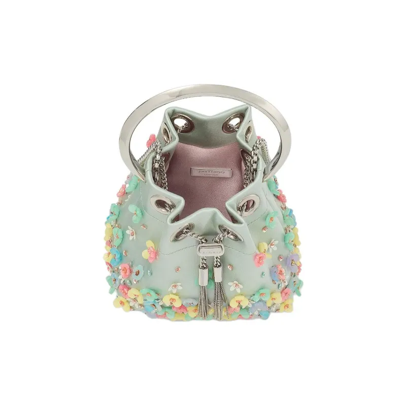 Jimmy Choo Micro Bon Satin Bucket Bag, One Shoulder Handbag Extra Mini Women's Light Green & Multicolor-3
