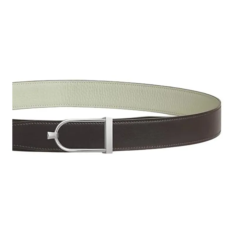 HERMES Palladium Plated Leather Belts Men's Brown Green Width 3.2CM-2
