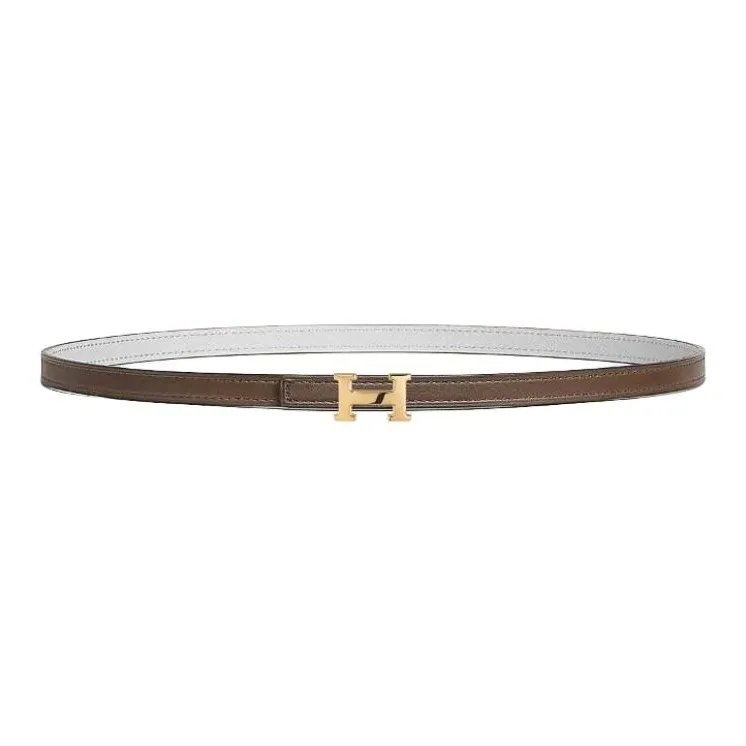 HERMES Calfskin Leather Belts Women's Taupe/White Width 1.3CM-0