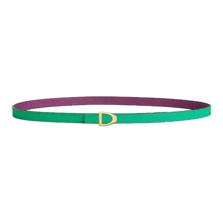 HERMES Calfskin, Gold Plated, Metal Leather Belts Women's Green Width 1.3CM-0