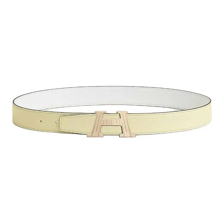 HERMES Calfskin Leather Belts Men's Yellow/White Width 3.2CM-0