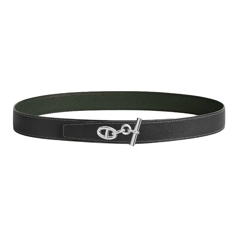 HERMES Calfskin Leather Belts Men's Graphite/Dark Green Width 3.2CM-0