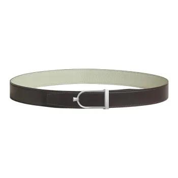 HERMES Palladium Plated Leather Belts Men's Brown Green Width 3.2CM
