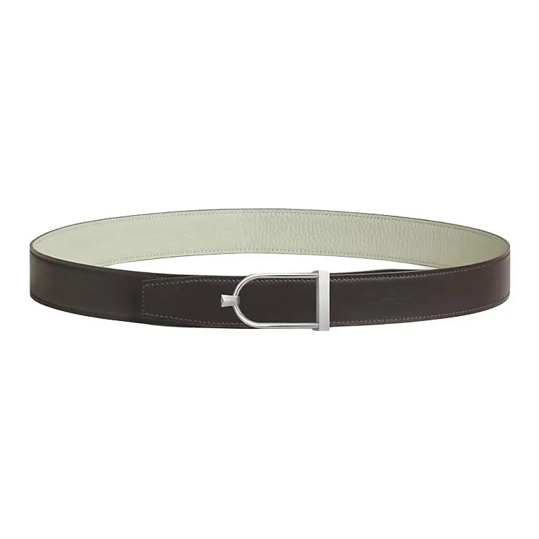 HERMES Palladium Plated Leather Belts Men's Brown Green Width 3.2CM-0