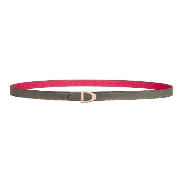 HERMES Calfskin, Rose Gold Tone Plated Leather Belts Women's Gray Width 1.3CM-0
